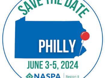 Circular Save the Date Region II Conference logo with the state of Pennsylvania centered and pinned location dropped in Philadelphia. Conference dates: June 3 - 5, 2024.