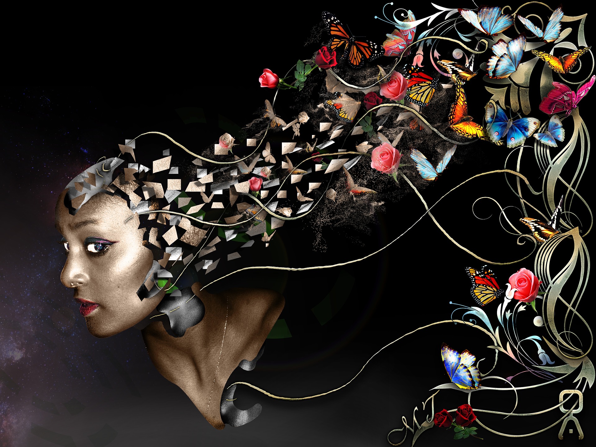 Abstract image of butterflies and flowers coming out of the back of a black woman's head